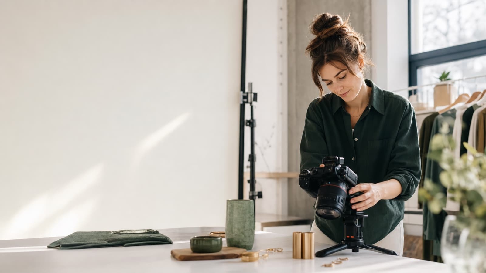 Fotograf som arbeider i et lyst studio